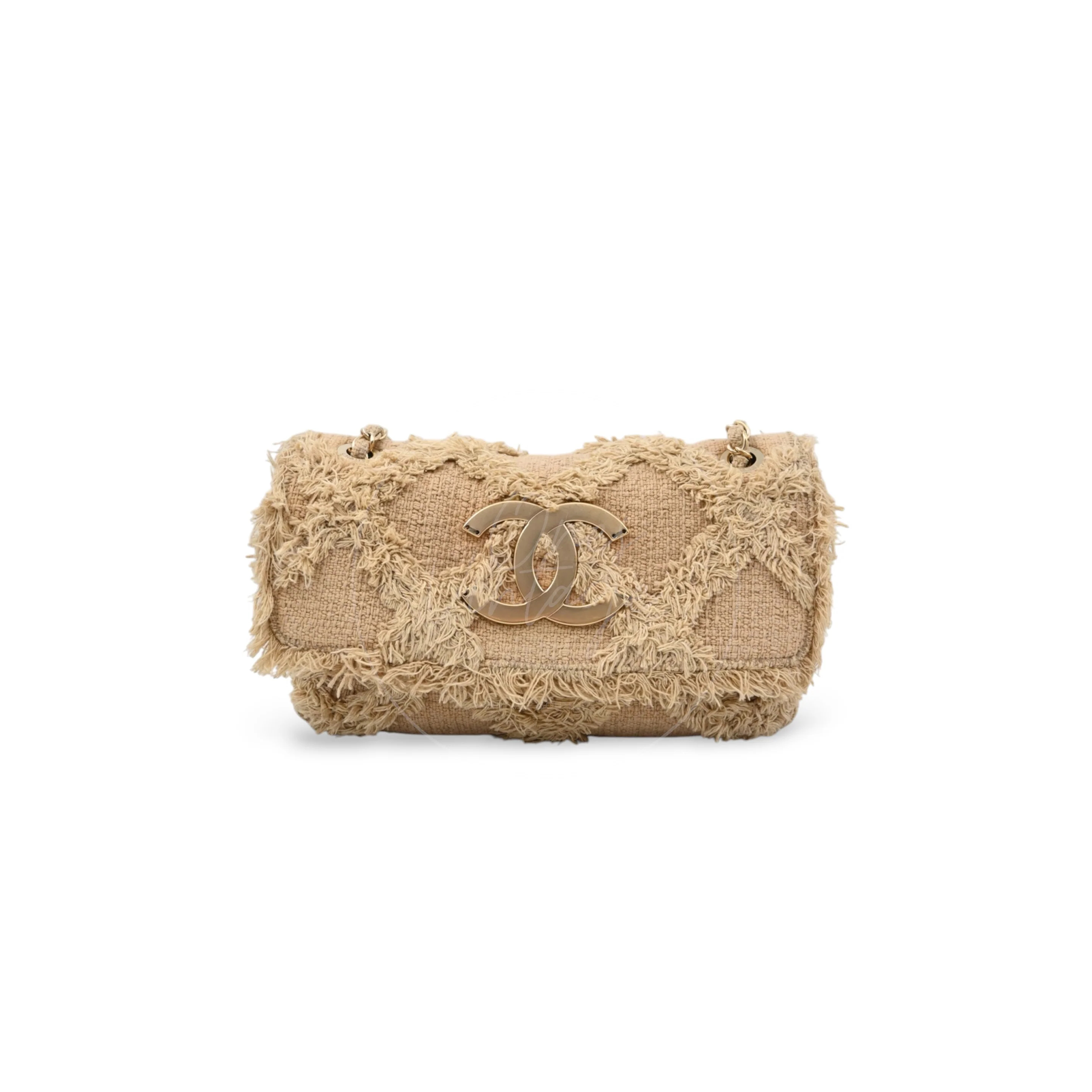 CHANEL MASTER BEIGE TWEED FRINGE NATURE FLAP BAG (26*16*5cm)